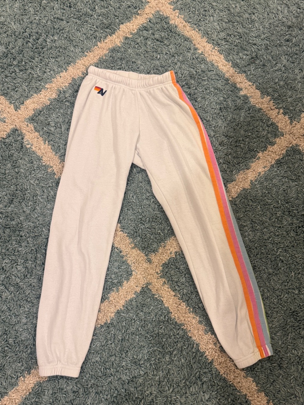 Aviator Nation White Sweatpants with Rainbow Side Stripes
